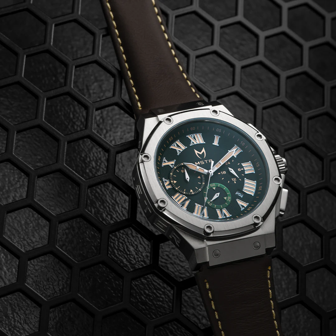 AM1037LB - AMBASSADOR SILVER / GREEN / BROWN LEATHER WATCH - Image 6