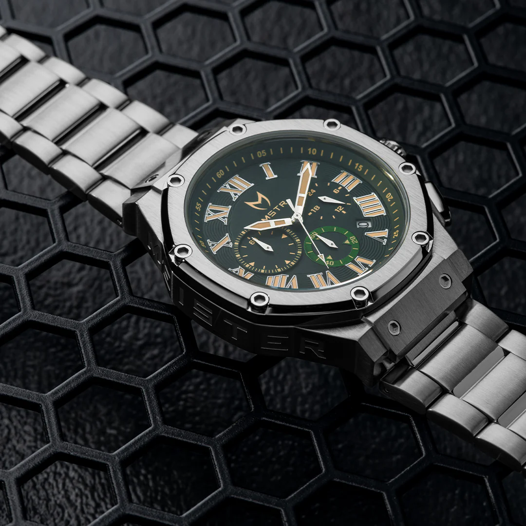 AM1037SS - AMBASSADOR SILVER / GREEN / SILVER STEEL BAND WATCH - Image 6